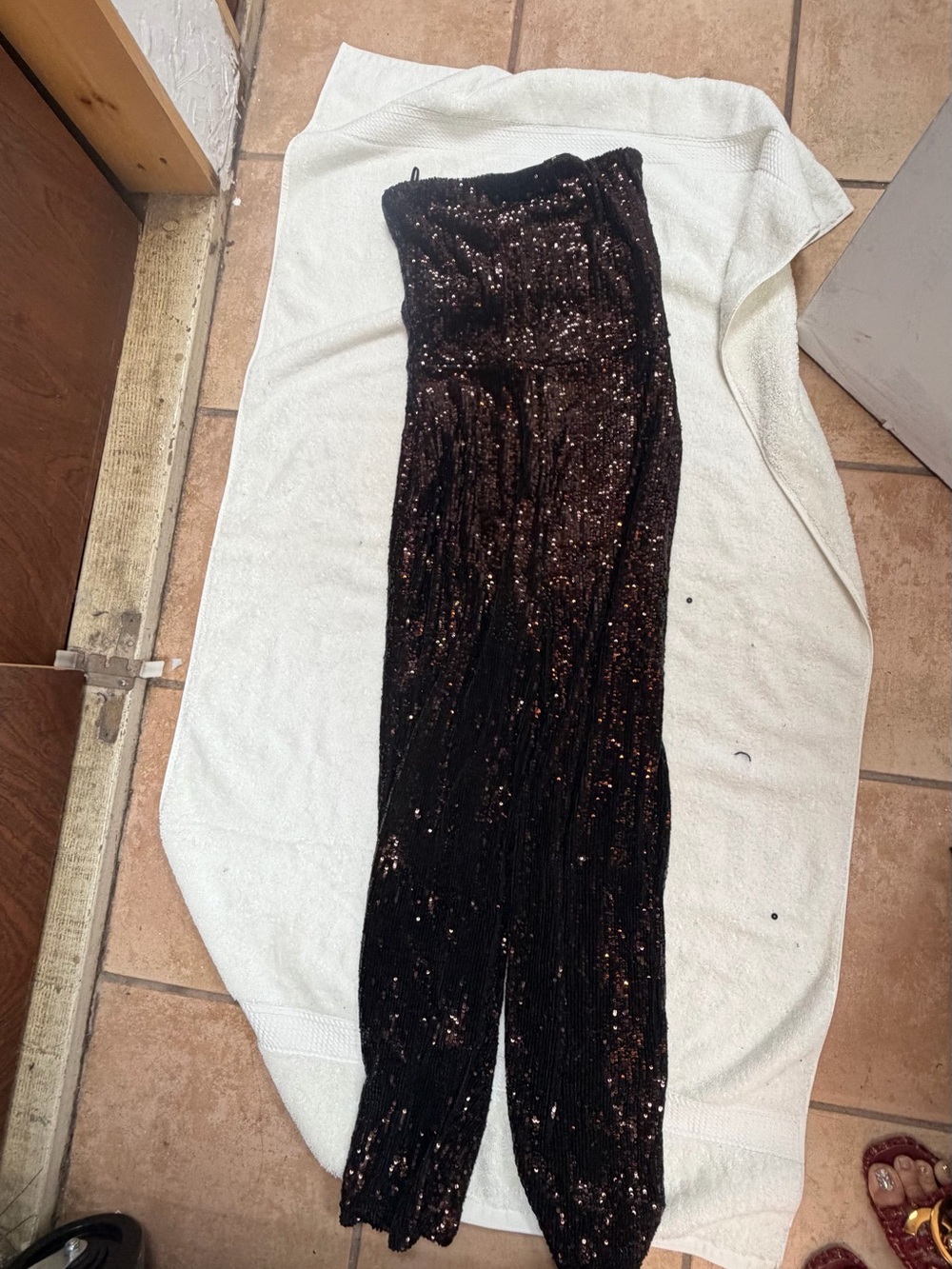 Express Strapless Sequin Jumpsuit in Black with Copper Sparkle